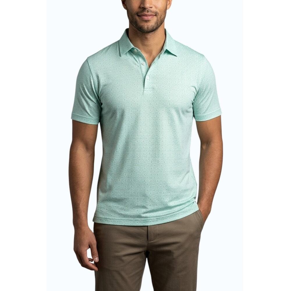TravisMathew Acropolis Polo Eggshell Blue Geometric Men Size S NWT